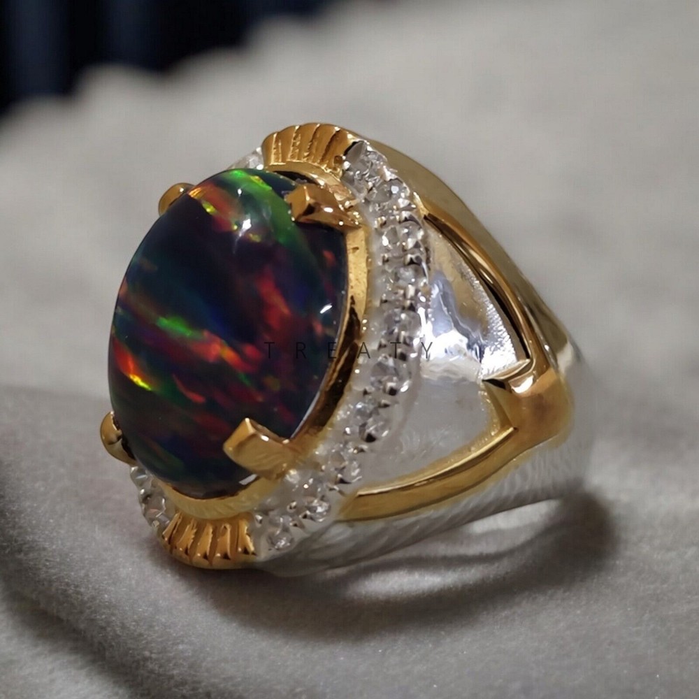 Black Opal Oval Cut Gemstone With 14K Solid White Gold Ring For Men's #775
