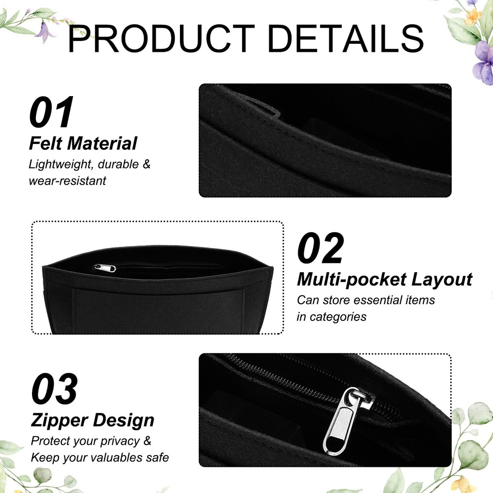 Purse Organizer Insert, Medium Felt Handbag Organizer with Zipper, Black