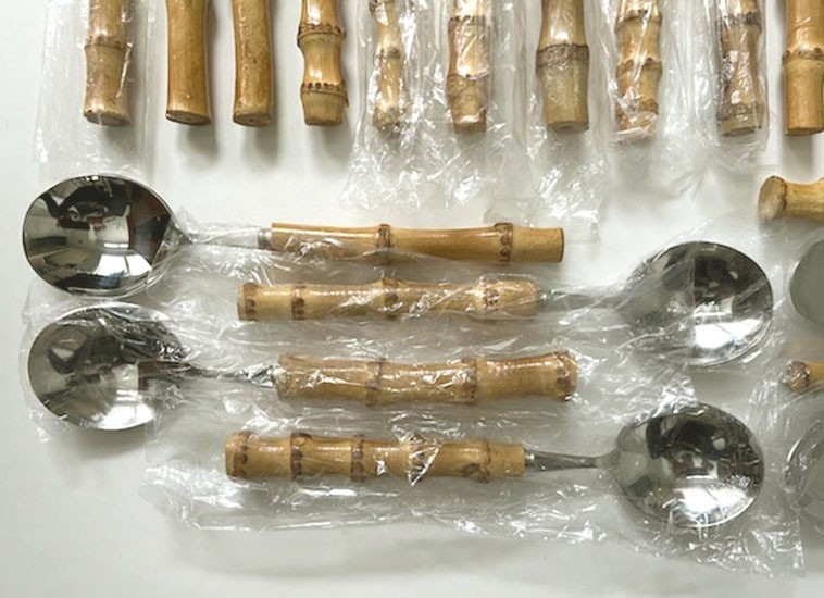23 ASSORTED PCS. *KOALA LOVE* BAMBOO HANDLE STAINLESS FLATWARE-UNUSED OPEN BOX