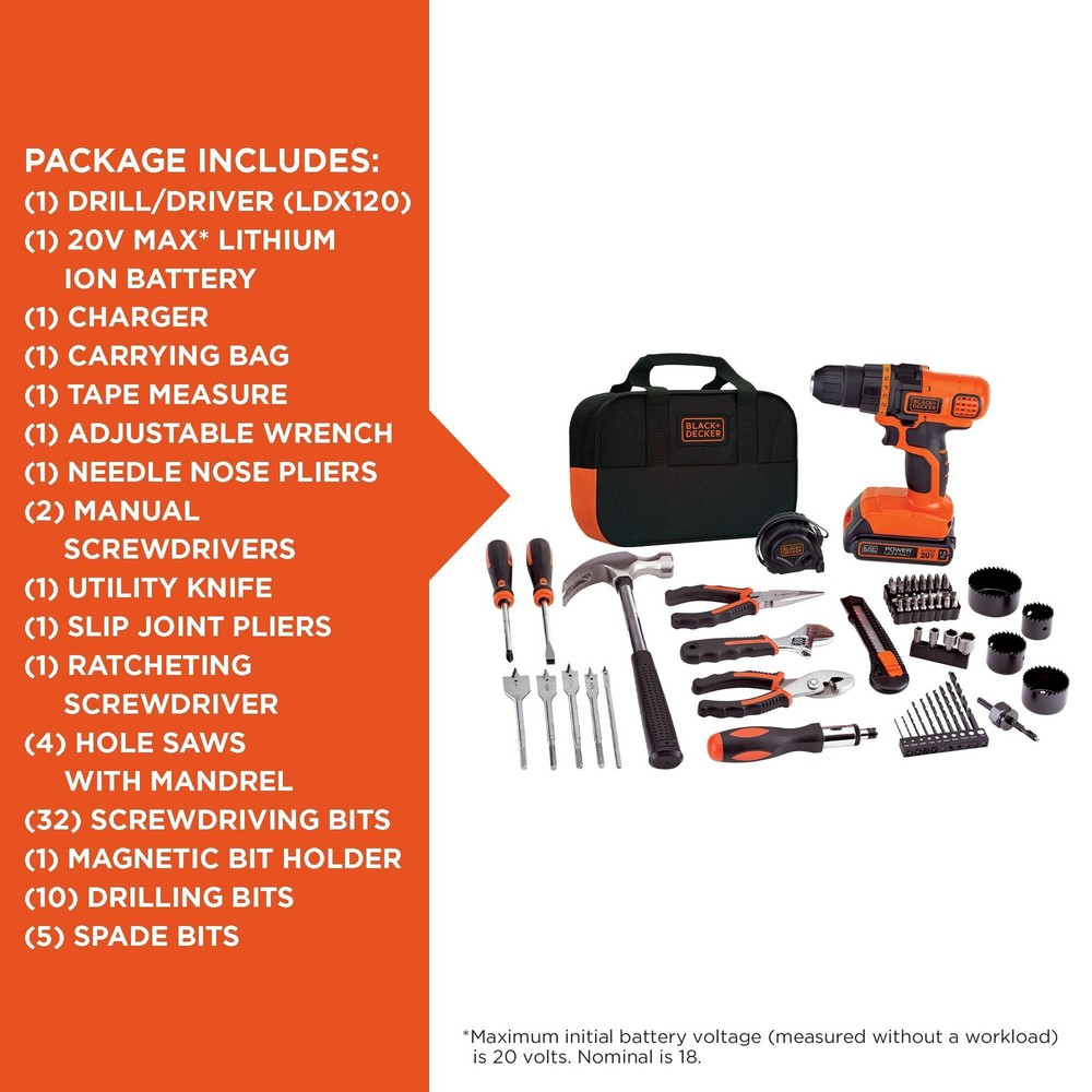 BLACK+DECKER 20V MAX* Drill & Home Tool Kit, 68 Piece - LDX120PK
