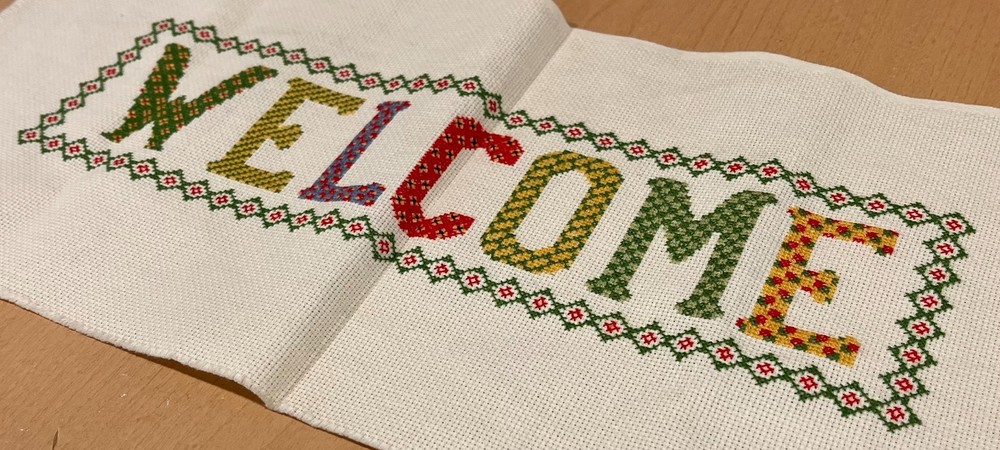 Handmade Cross Stitch WELCOME Finished Completed Sampler Multicolor 18.5" x 8"