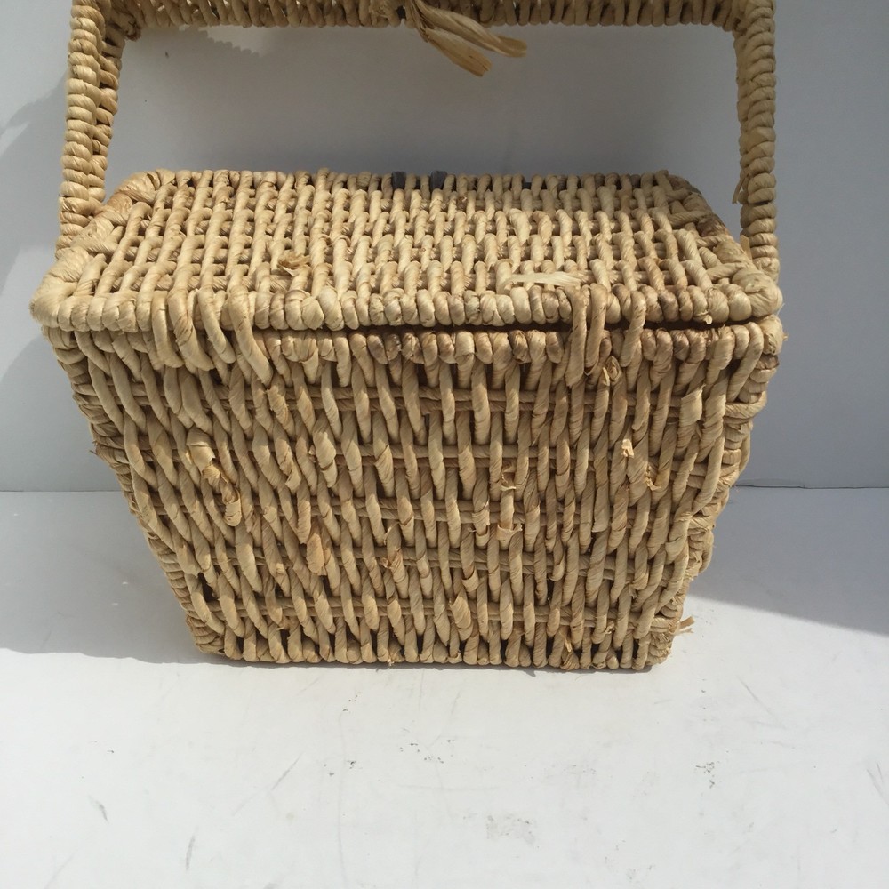 Basket Woven Raffia Square Metal Handle Lidded With Button Latch 10” Across