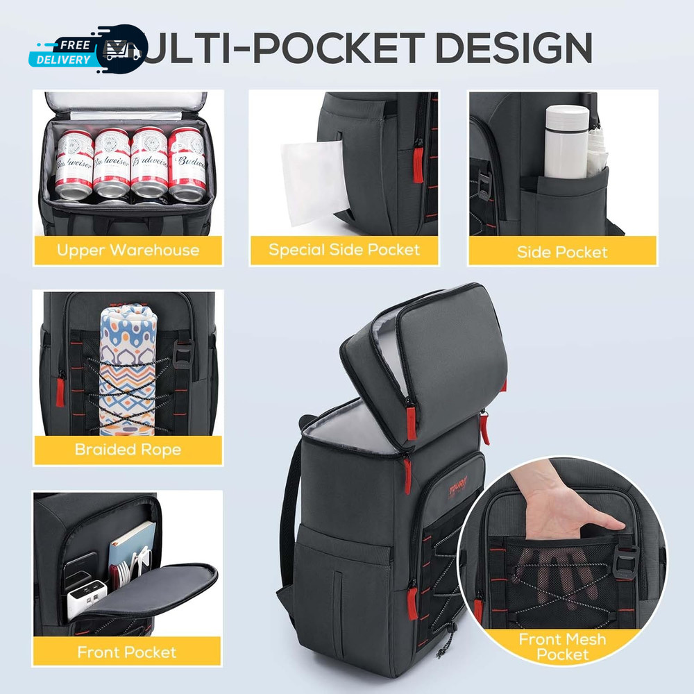 Insulated Backpack Cooler with 2 Compartments 30 Can Capacity Leakproof