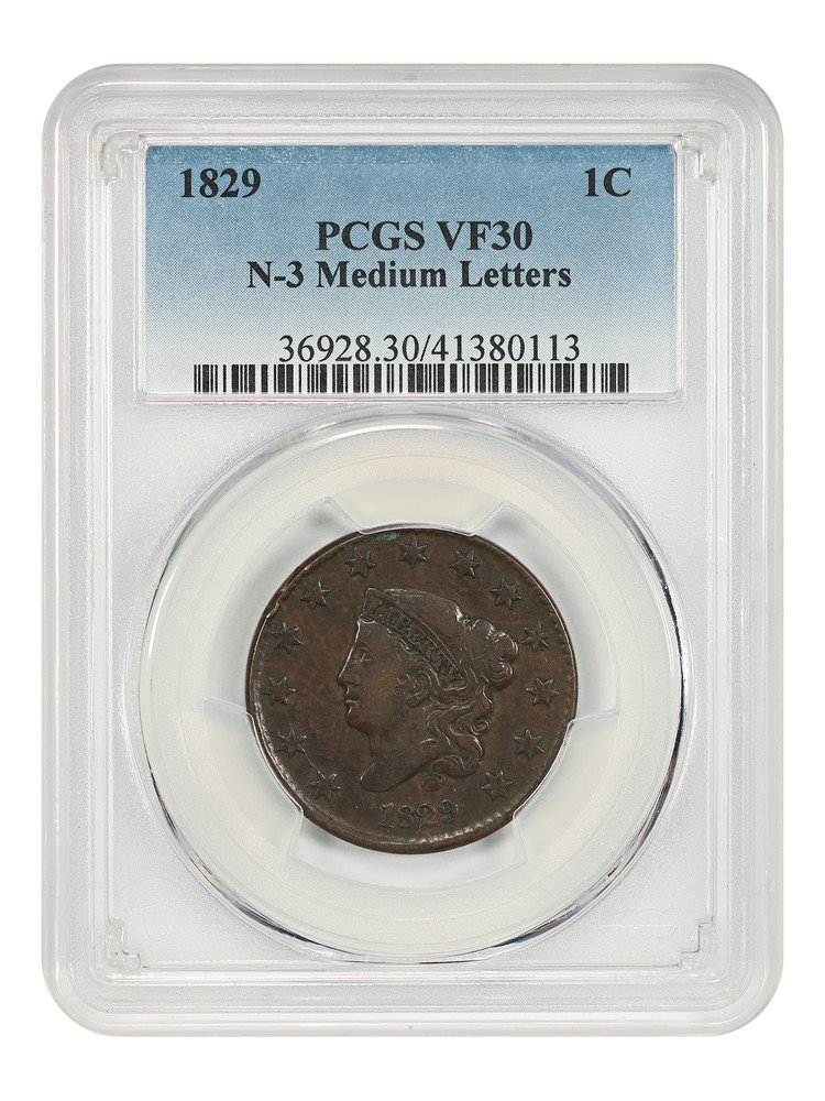 1829 1C PCGS VF30 (Medium Letters, N-3) - Coronet Head Cent