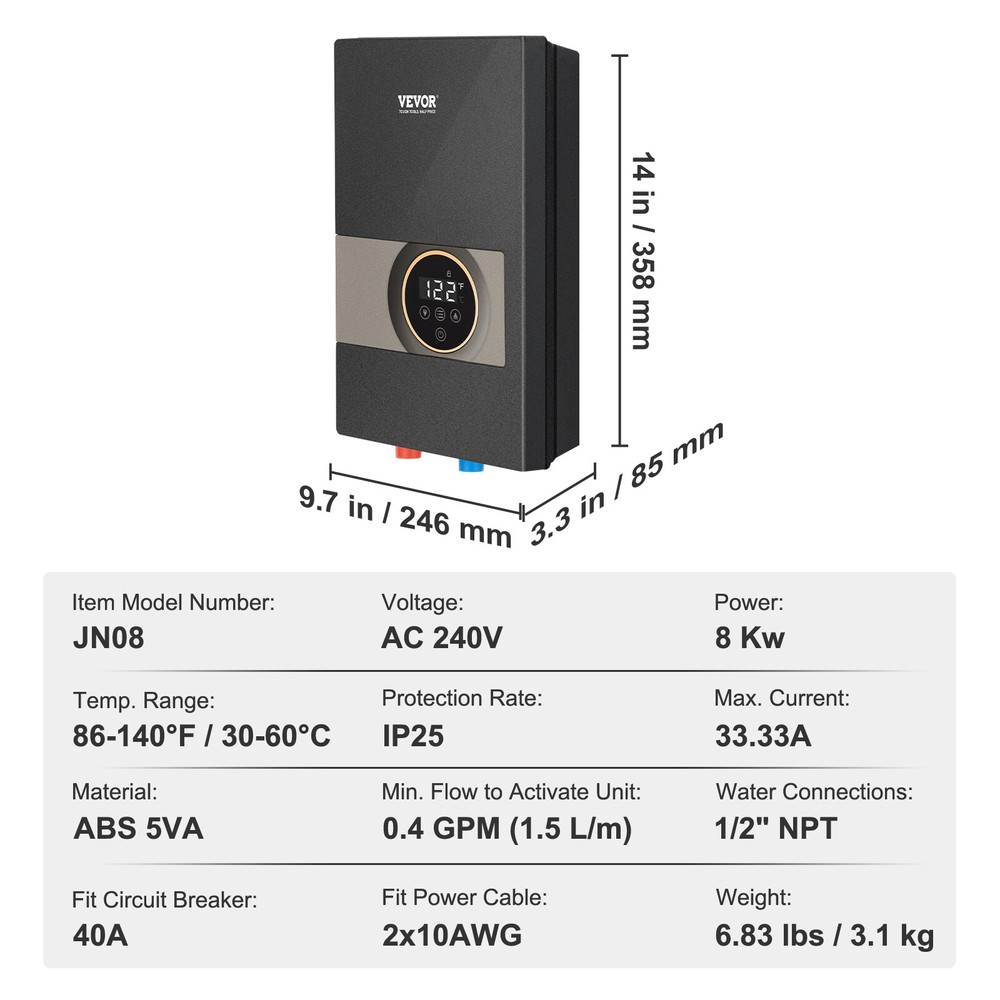 VEVOR 8KW Instant Hot Tankless Water Heater Electric Boiler for Shower Bathroom