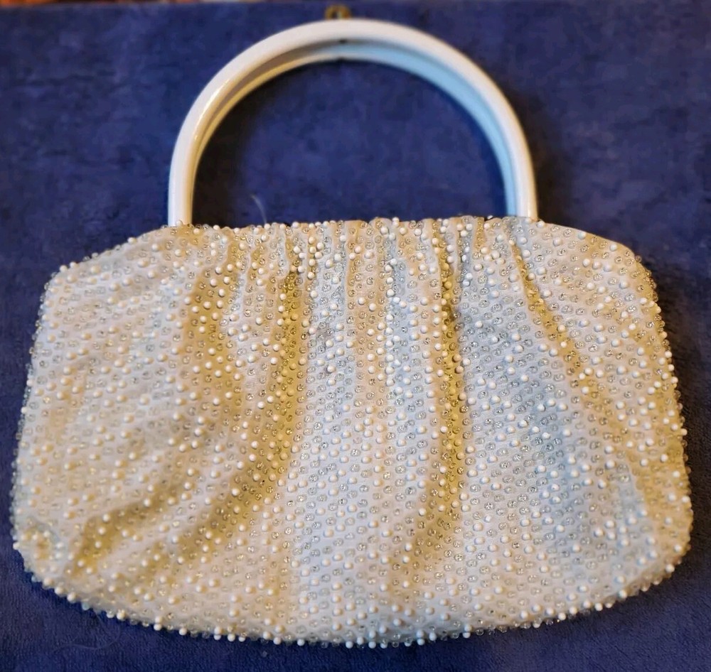 Vintage Beaded Handbag, Reversable Ivory And Blue