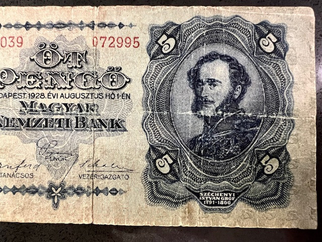 1928 Hungarian 5 Pengo Banknote