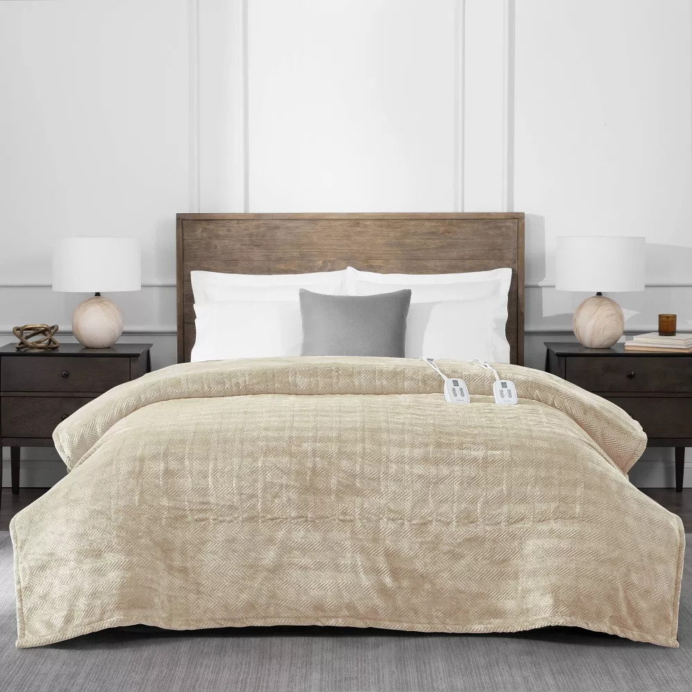 Brookstone Full/Queen Heated Micro Herringbone Blanket Taupe