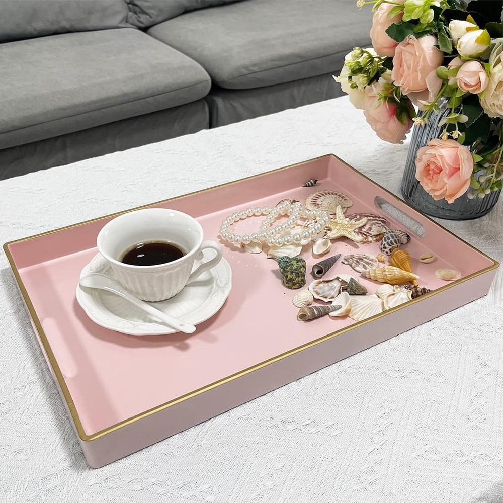 Pink Rectangular Serving Tray, 15.6x10.2x1.37 inch, Decorative Plastic, Handles