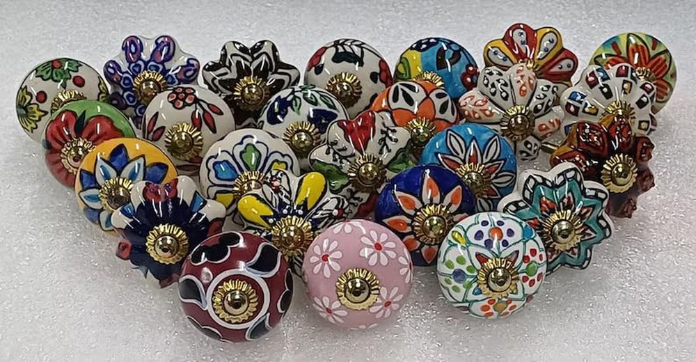 Cabinet Knobs and Pulls - Indian Vintage Pottery Ceramic Kitchen Cupboard Dra...