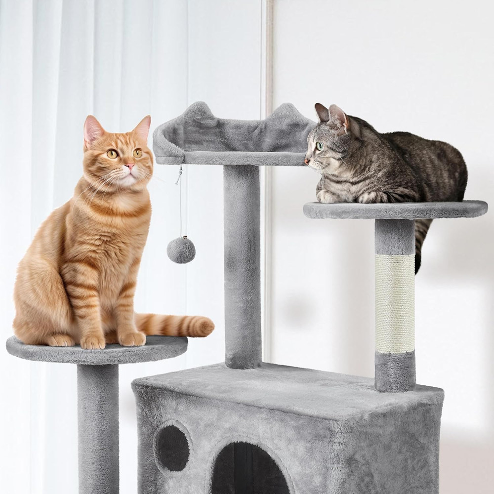 80" Tall Cat Tree with Scratching Posts, Caves, and Platforms - Light Gray