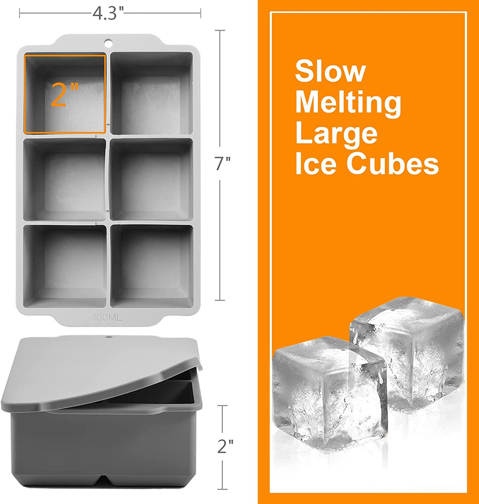 Large Ice Cube Tray with Lid, Stackable Big Silicone Square Ice Cube Mold for Wh