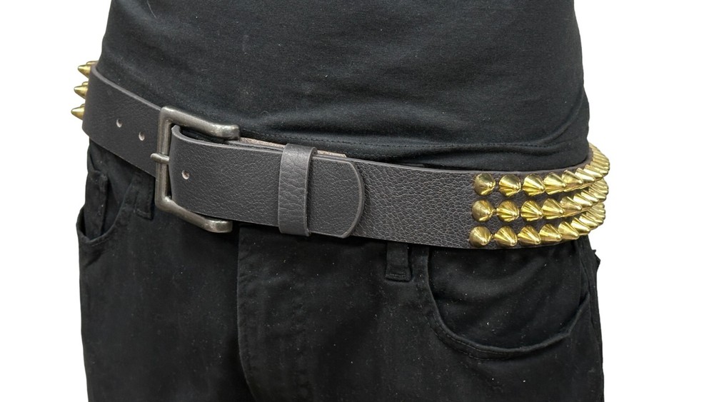 THREE Row Gold UK77 CONE Stud Belt Leather Handmade Studded Belt Punk Goth