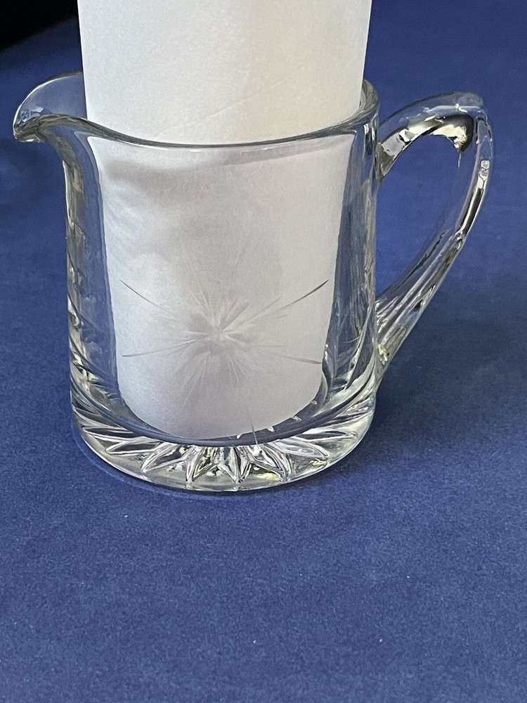 VTG Clear Etched Glass-Atomic Starburst Pattern Open Creamer & Sugar Set