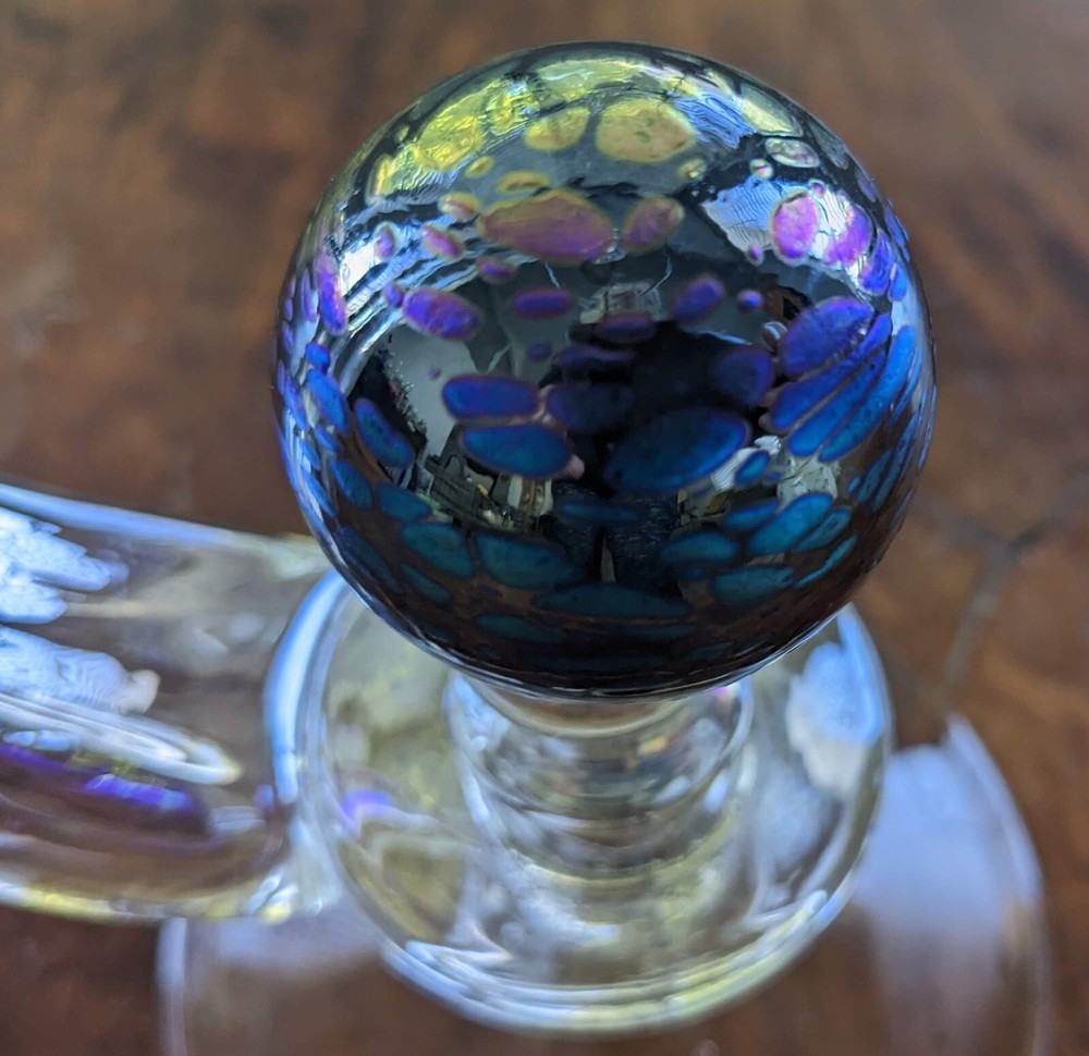 Handblown Clear Glass Candlestick With iridescent Orb 9.5"