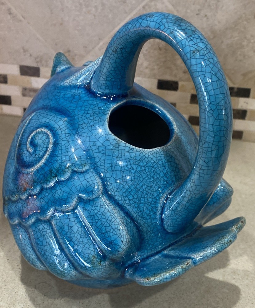 Ceramic Crackle Turquoise Bird Watering Can Cracker Barrel