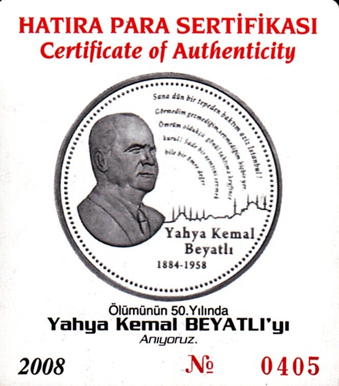 Turkey 2008, YAHYA KEMAL BEYATLI, SILVER, UNC, Commemorative Coin, 925Ag, Coa