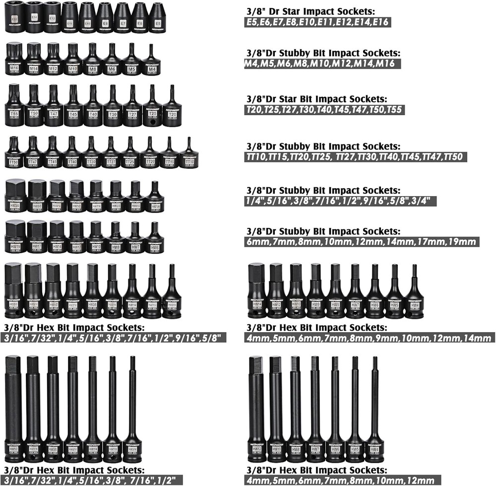 MIXPOWER 3/8" Drive Master Hex Bit Impact Socket Set, Black