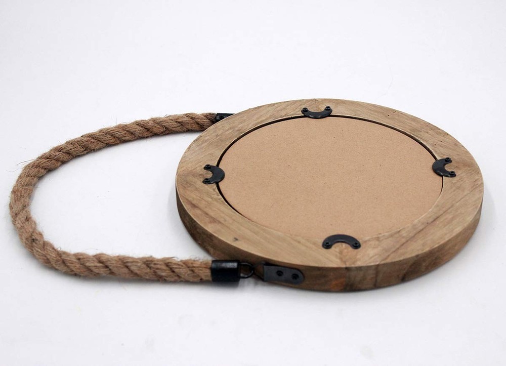 Rustic Round Decorative Mirror with Solid Wood Frame&Rope Hanging,Farmhouse A...