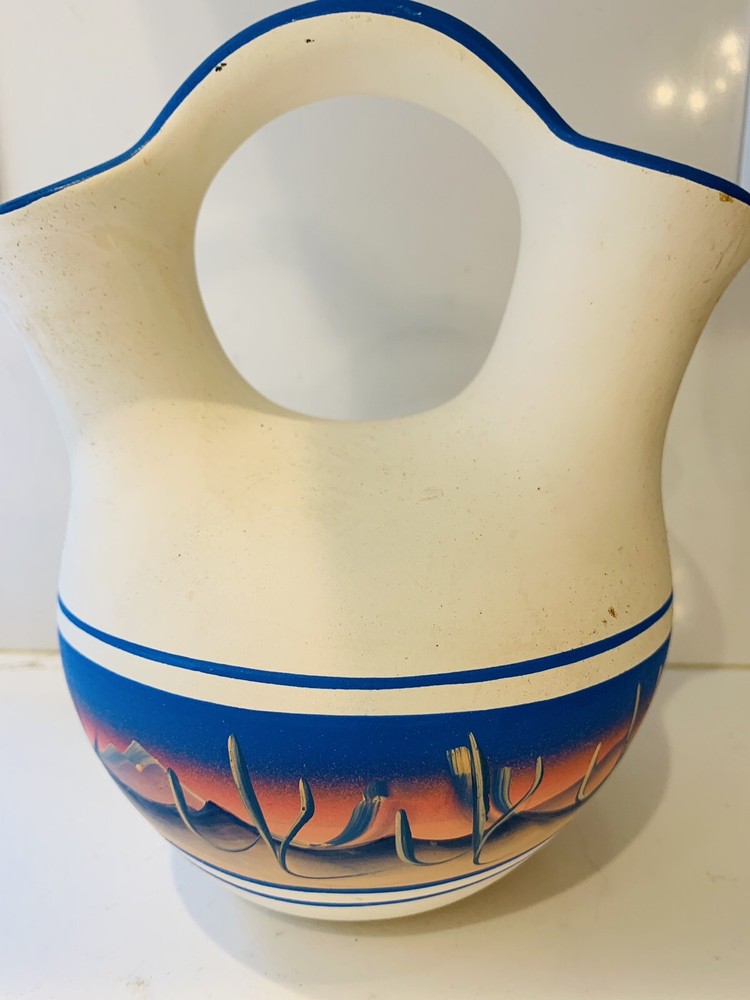 Vase Mid Western Scene Bright Colored Vase Signed 63 Unknown