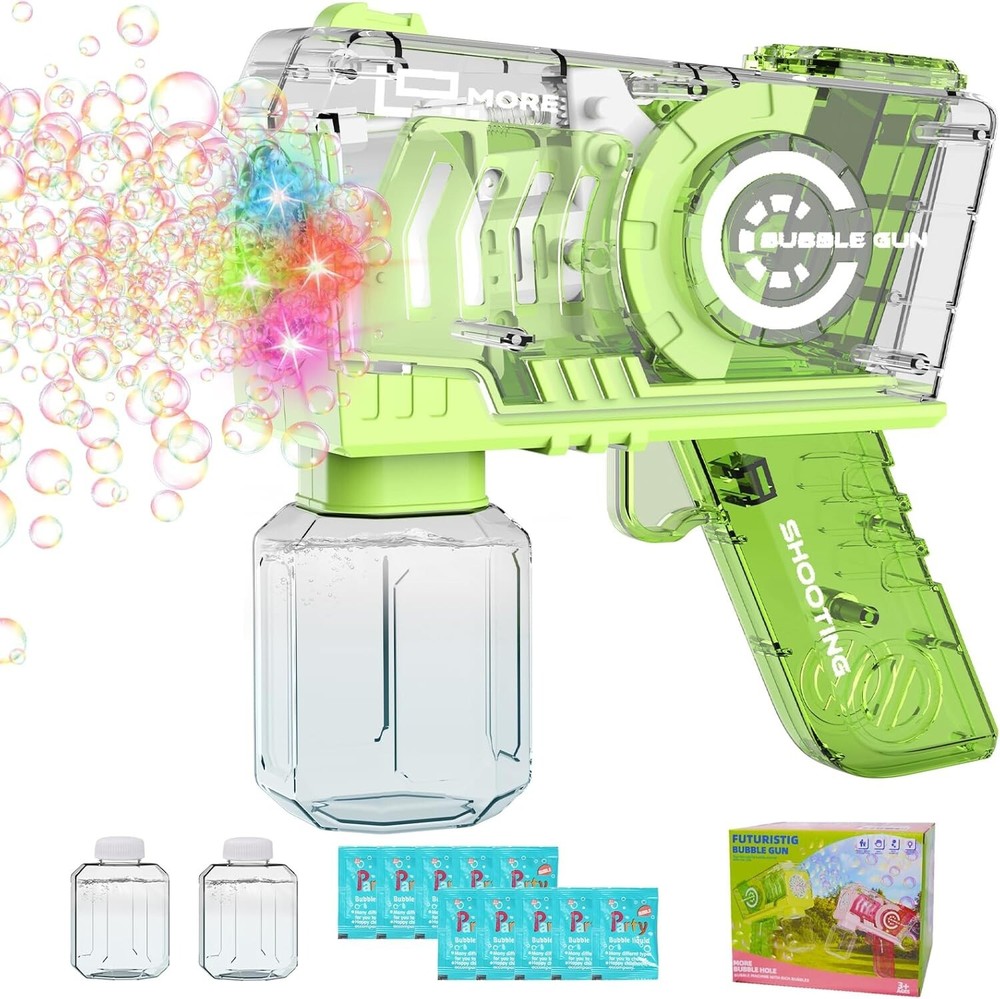 Bubble Machine Automatic Bubble Gun with LED Lights & Solution- Green