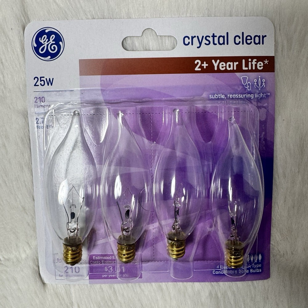 GE 25W Crystal Clear Candelabra Base Light Bulbs CA Type 210 Lumens 4 Pack New