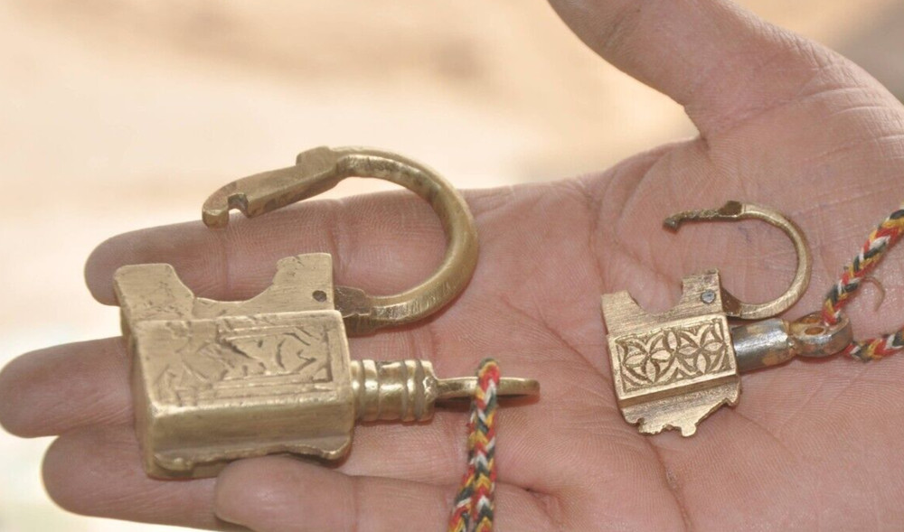 2 Pc Vintage Brass Engraved Handcrafted Different Shape Screw Padlocks