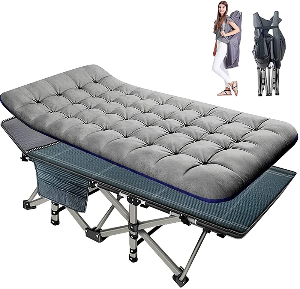 Folding Camping Cot Double Layer Heavy Duty Sleeping Bed with Blue Mattress New