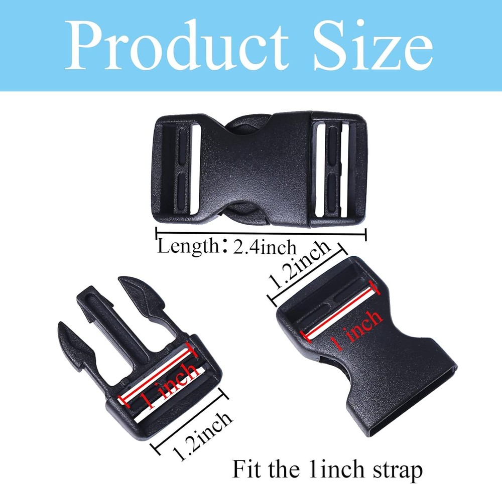 4 Pack 1" Wide Quick Side Release Buckles, Dual Adjustable No Sewing Slide