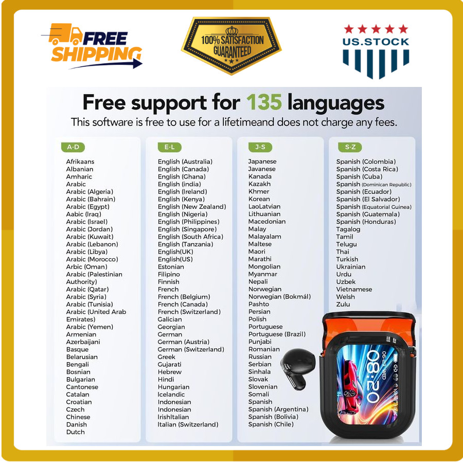 AI Translation Earbuds Real Time Translator LCD Touch Screen 140 Languages