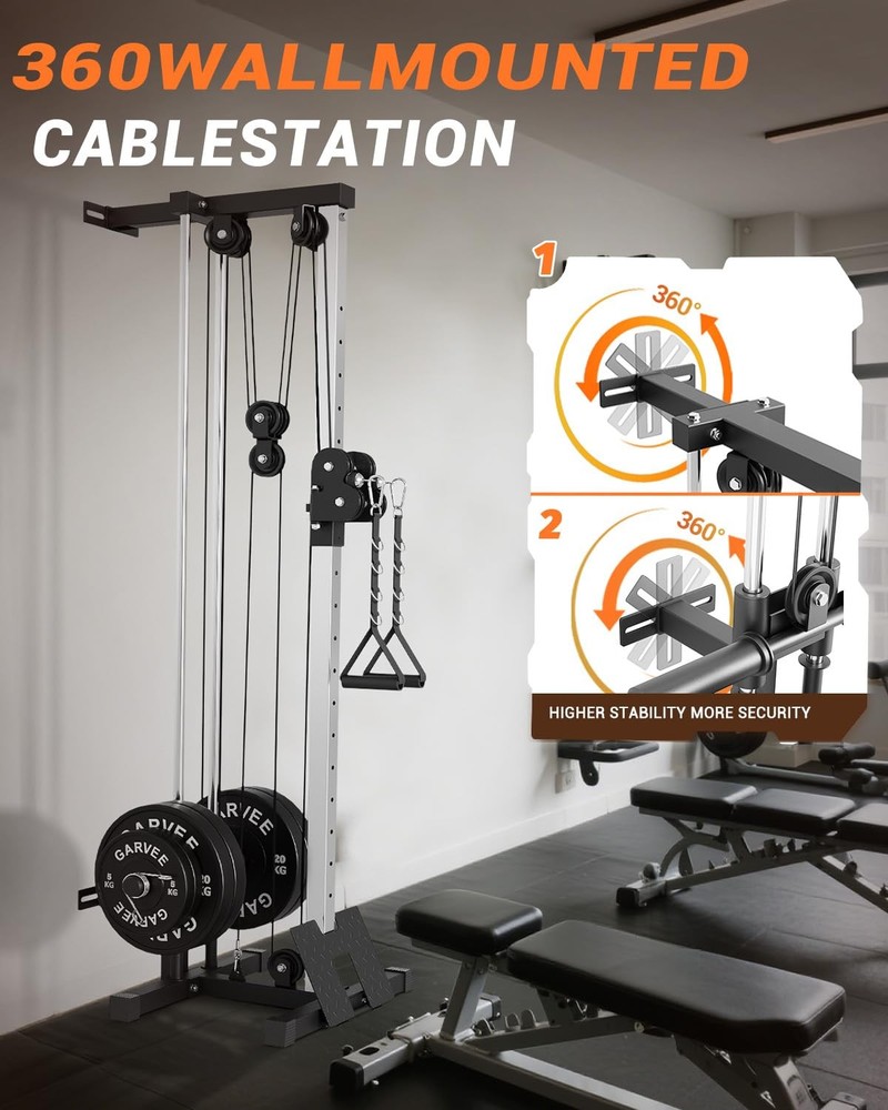 Wall Mount Cable Machine, LAT Pulldown Machine w/ 19 Position Dual Pulley System