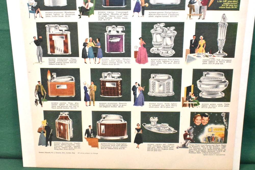 Ronson Lighter Advertisement from the 1950's featuring All Lighters w/ Pricing