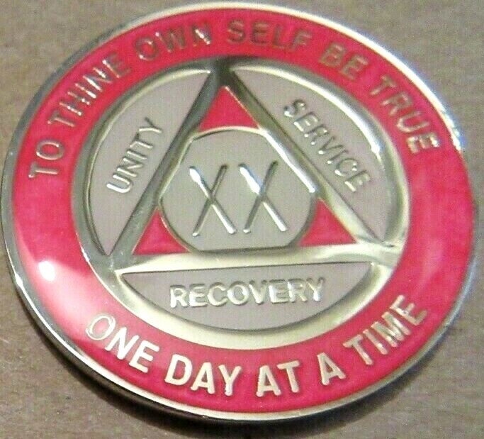 Glow Pink White Silver Alcoholics Anonymous 20 Year AA Medallion Sober Token