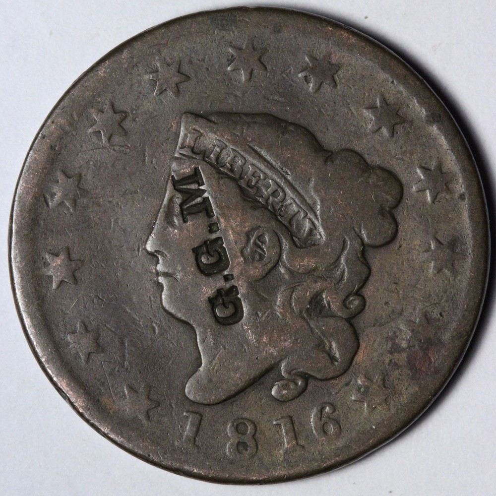 1816 Coronet Head Large Cent Counterstamp "GGM" E138 XTCF