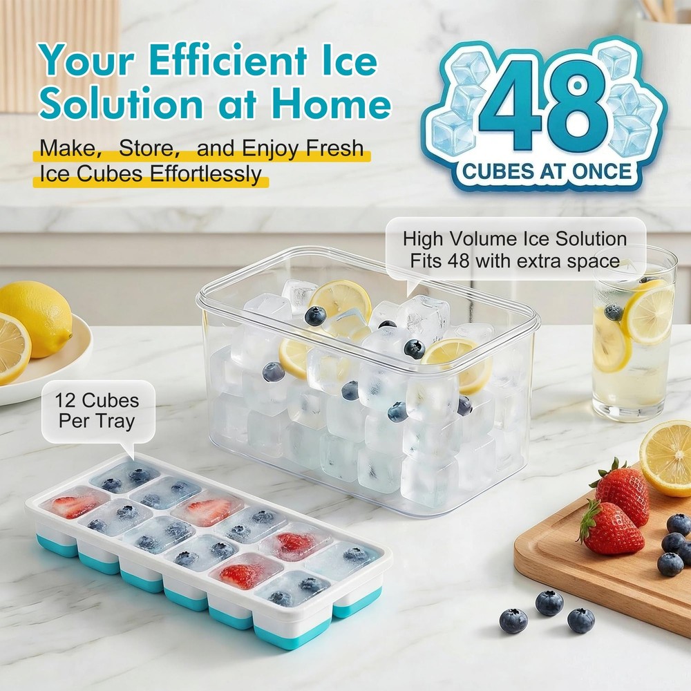 NFK Ice Cube Tray with Lid & Bin - 4 Pack 48 Cubes Stackable Silicone Blue