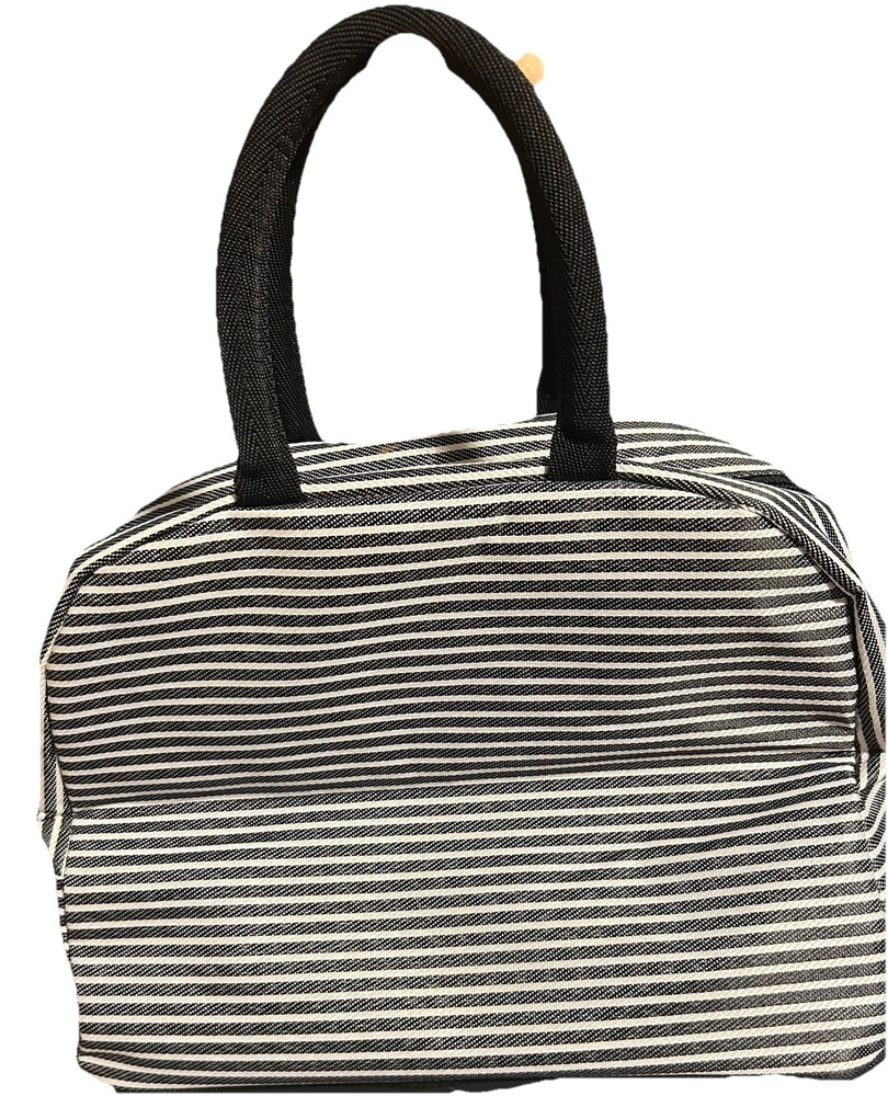 BALORAY Striped Insulated Lunch Bag Black White Zipper Lid Rectangular Handle