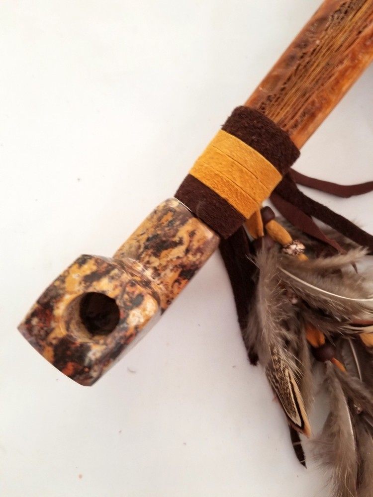 11" Marbled SoapStone Peace Pipe Apache Made Chanupa Pipe