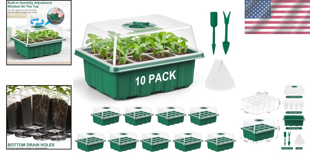 10-Pack Seed Starter Kit with Adjustable Humidity Dome for Fast Seed Germination