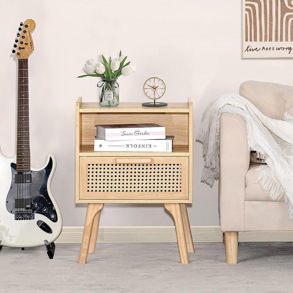 Rattan Nightstand Boho Side Table w/Drawer Open Shelf Accent Bedside End Table