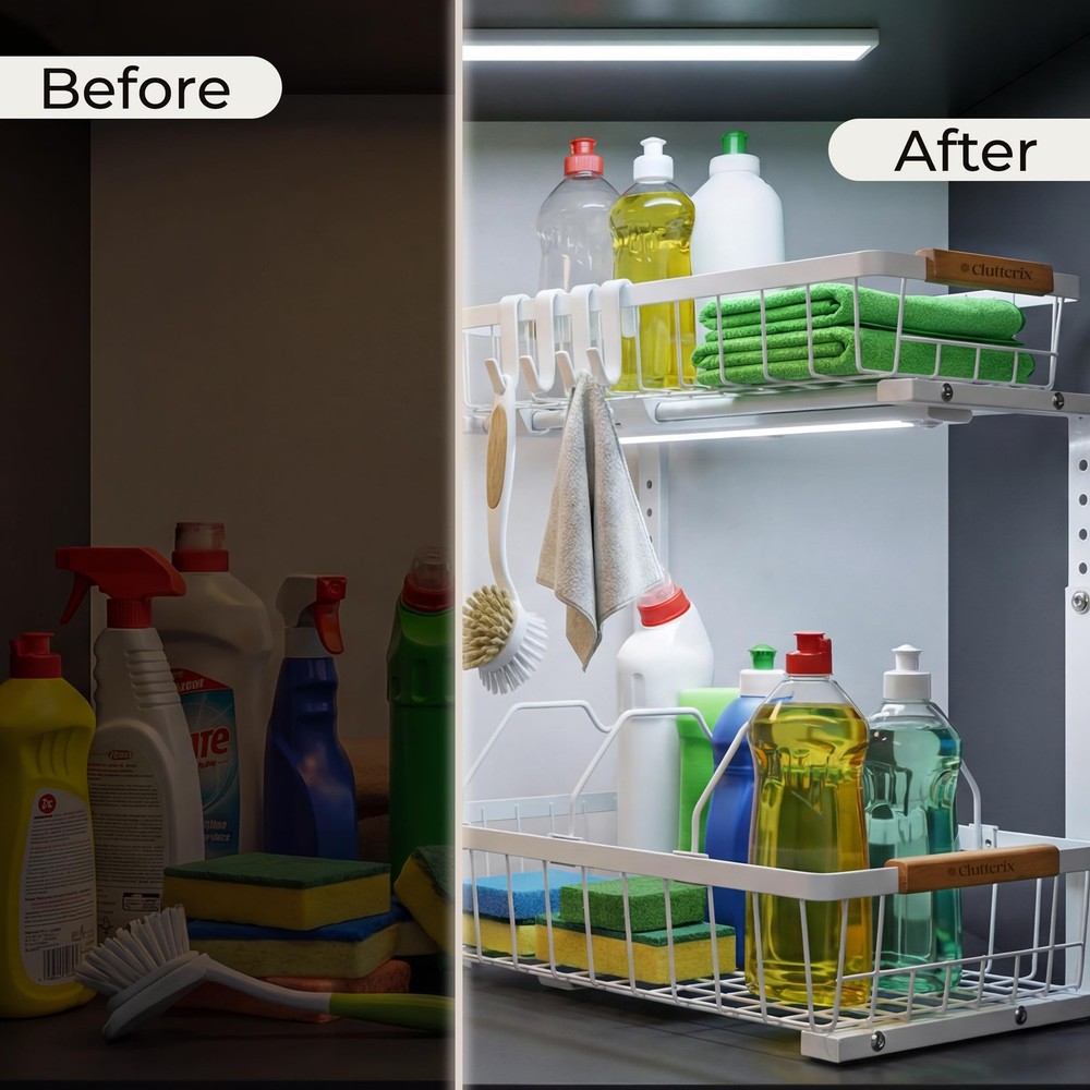 Clutterix Under Sink Organizer, 2 Pack, 2 Tier Sliding Standard Size, White