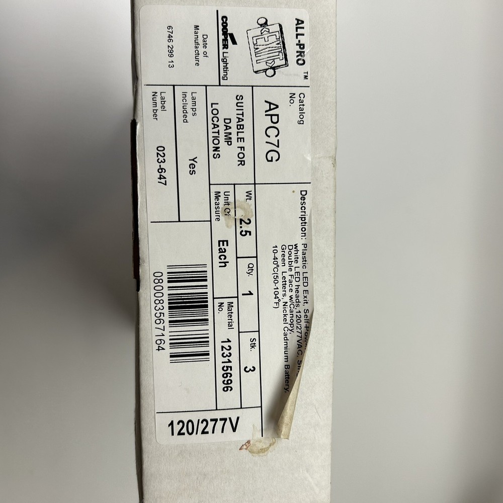 EXIT SIGN Cooper Lighting All Pro Green/White Plastic LED Exit, 120/277VAC APC7G