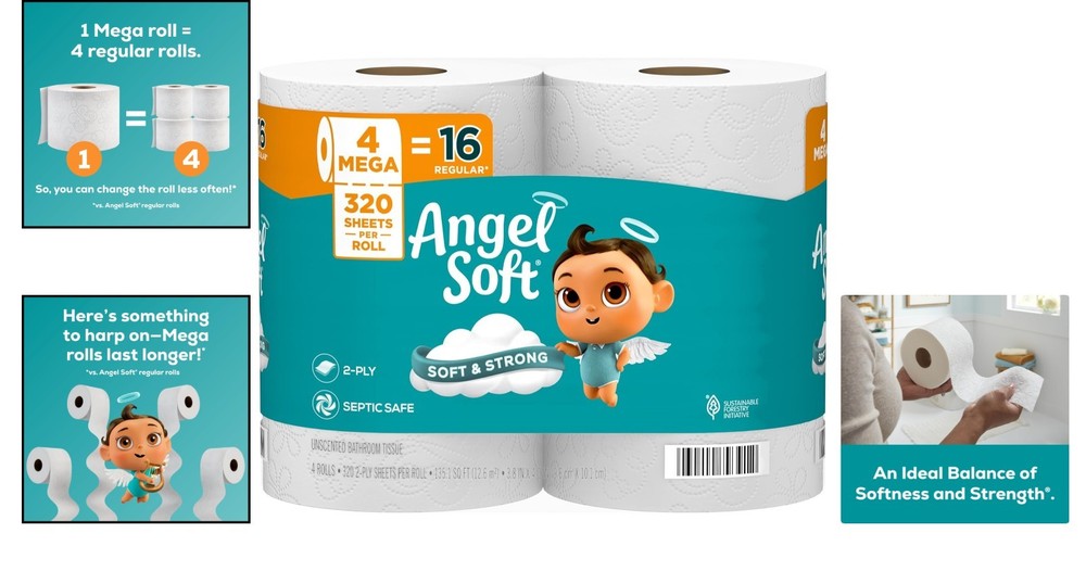 Value Pack Soft Toilet Paper - 4 Mega Rolls, 320 Sheets, Unscented Comfort