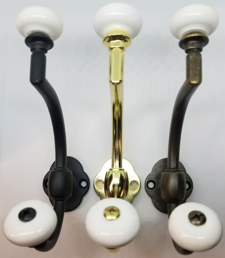 Antique Brass Double Front Mount Coat Hook Porcelain Knobs old classic vintage