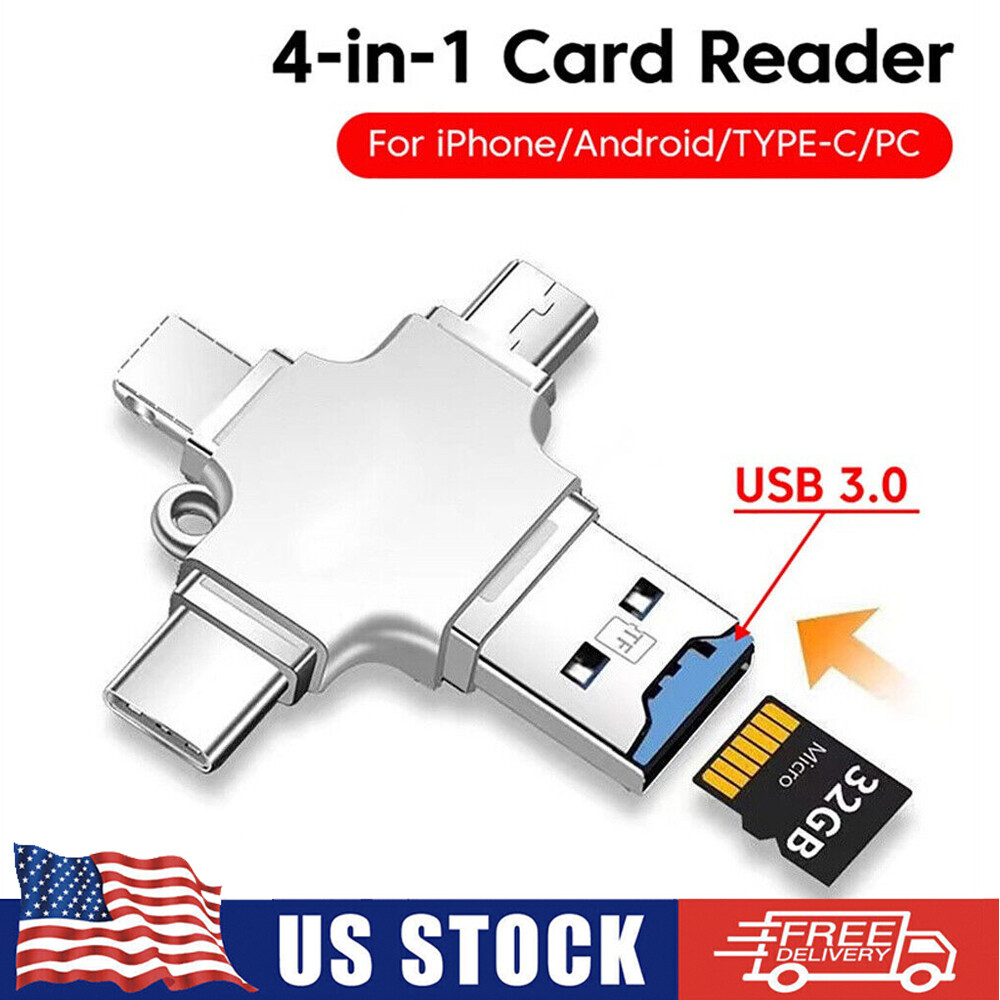 4 In 1 iOS Micro USB Type-C Micro TF Card Reader OTG for Android iPhone PC New🔥
