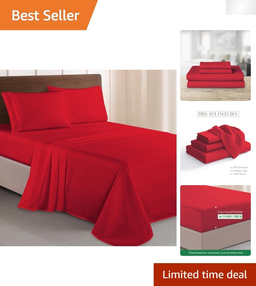 Four-Piece Red Microfiber Sheet Set - Embroidered, Wrinkle Resistant