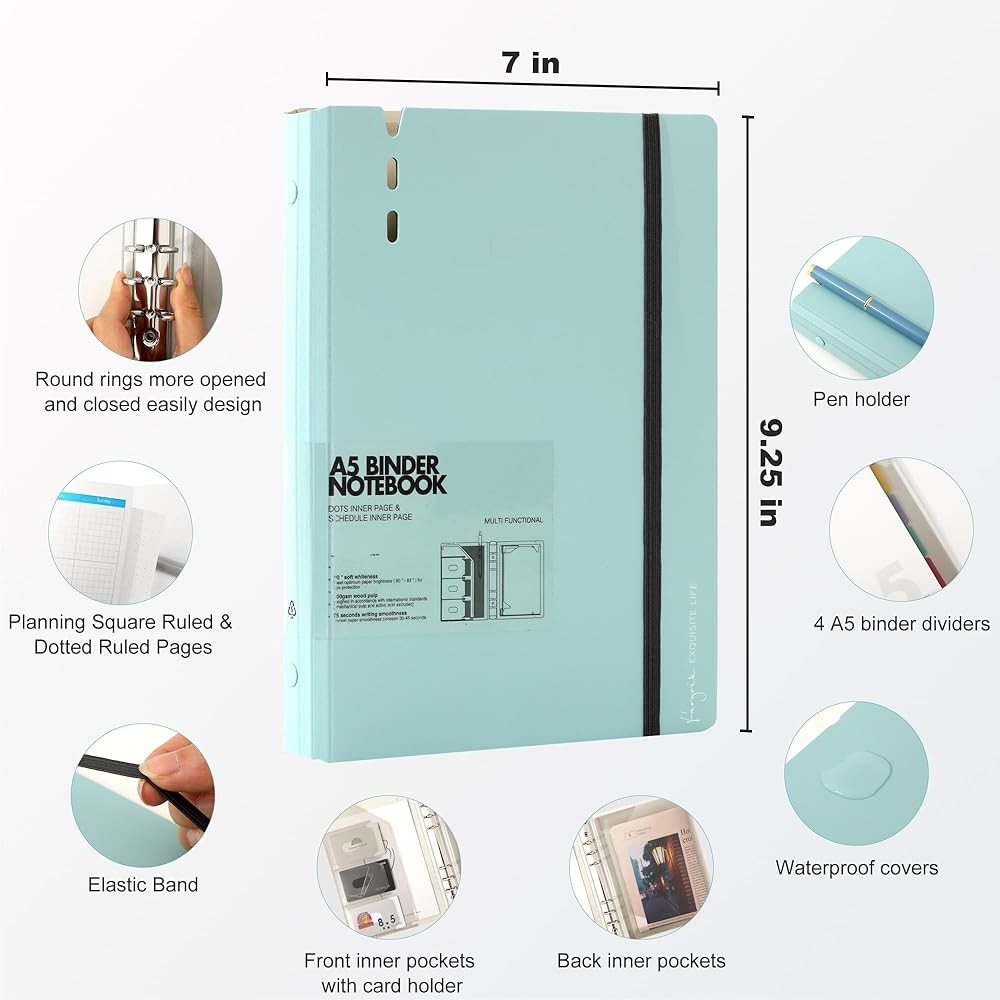 A7 Binder 6 Ring Notebook with Dividers Refillable Planner Binder
