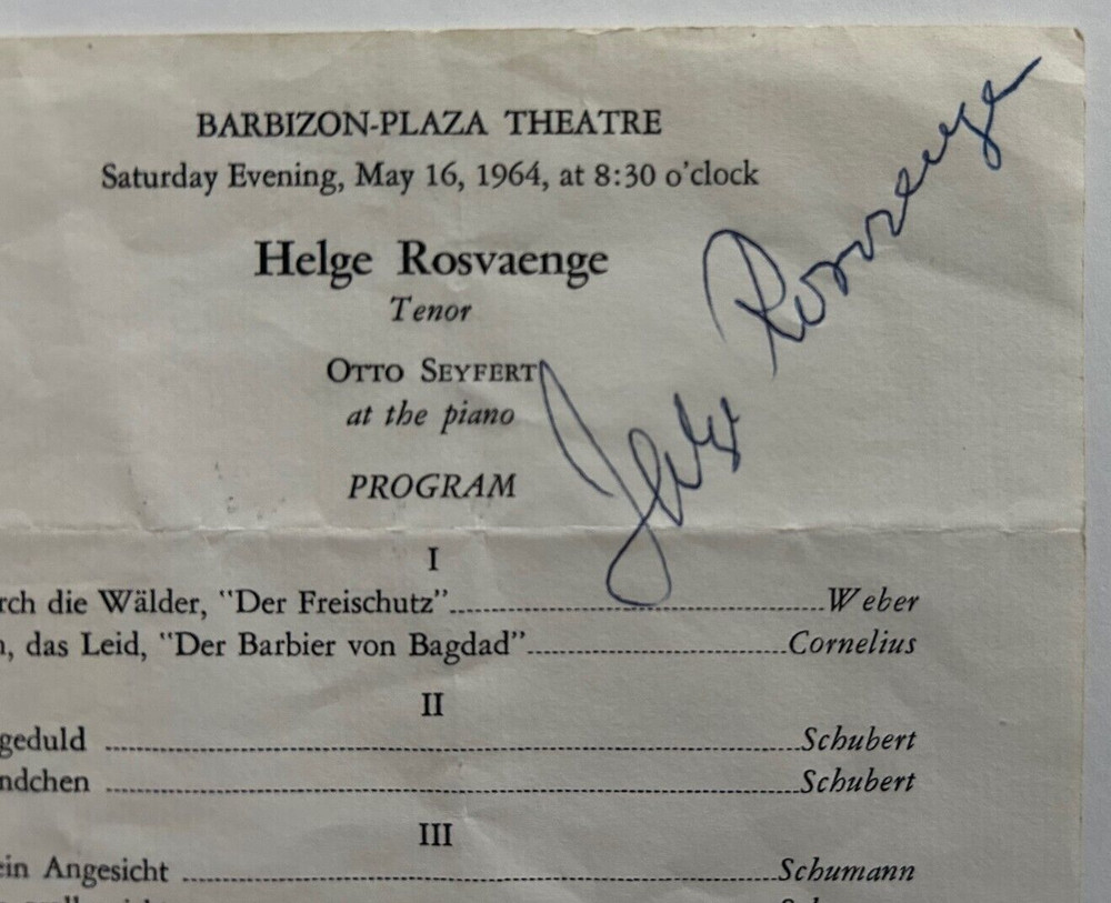 Helge Rosvaenge Danish Operatic Tenor Signed 1964 Program