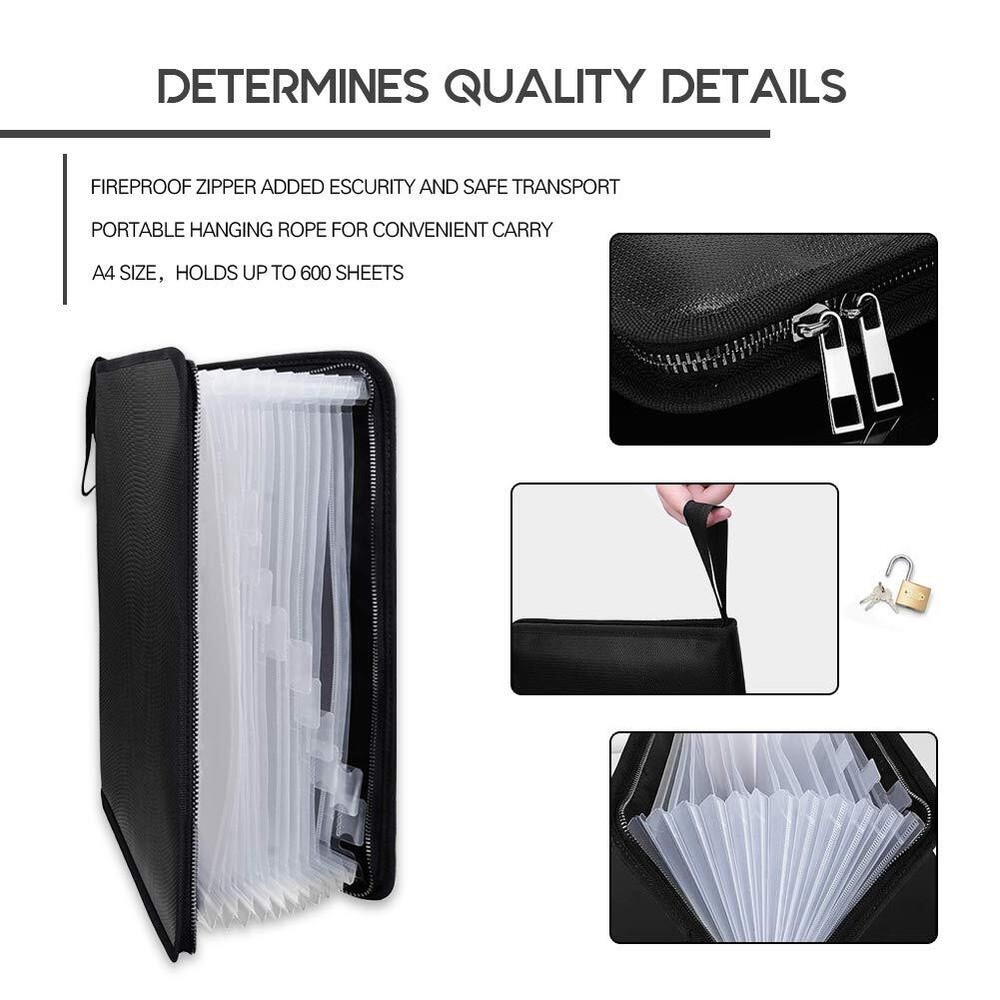 Fireproof Document Bag Fire & Water Resistant File Folder A4 Size 12 Pockets ...