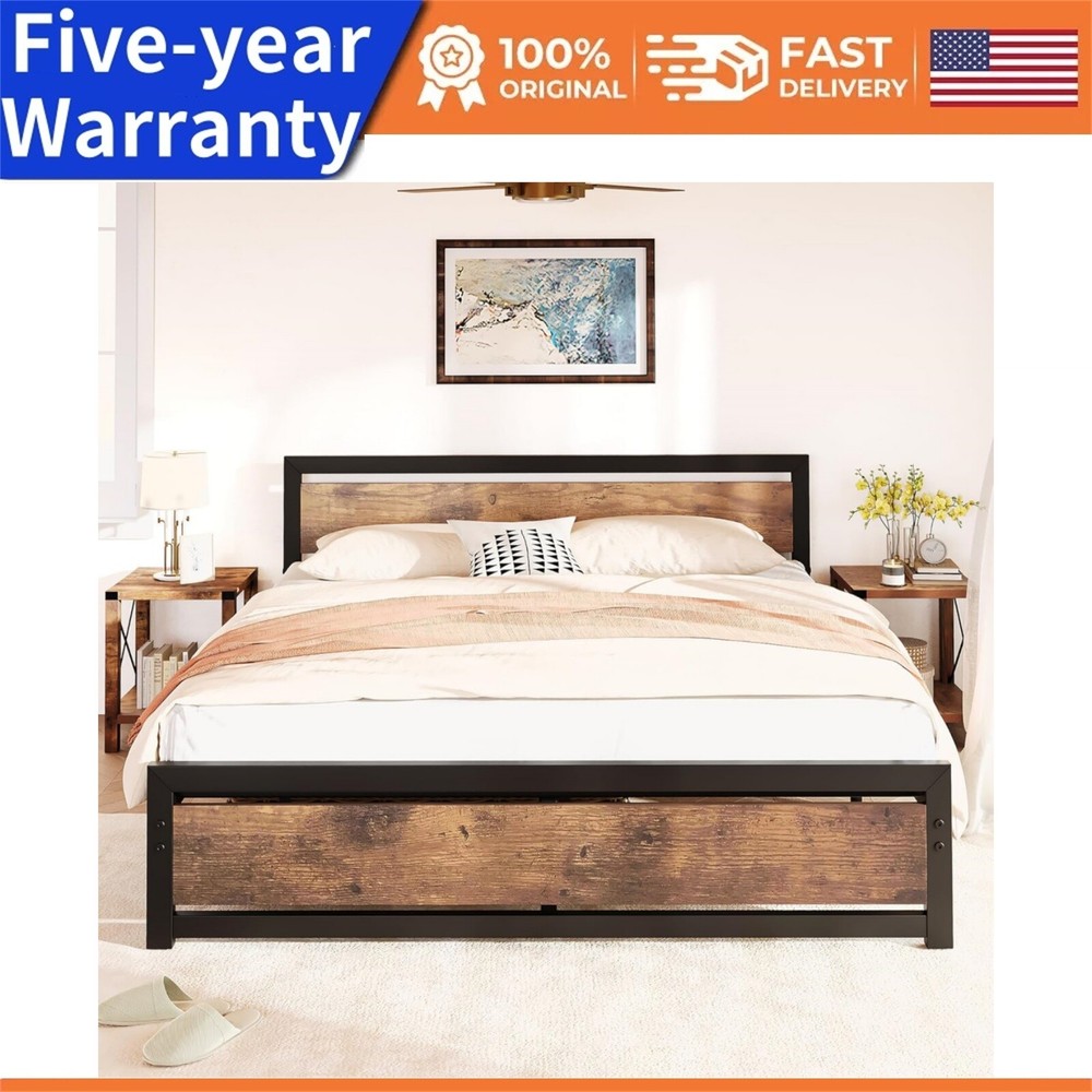 🔥Queen/King Bed Platform Metal Bedframe No Box Spring Needed Bed Frame Headboa