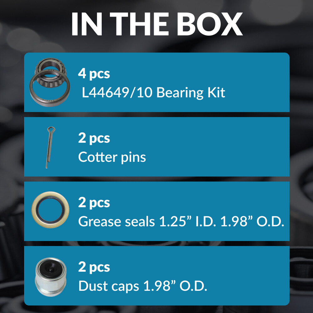 L44649/10, 1-1/16" Axles Trailer Wheel Hub Bearings Kit Seal + Pin + Dust Cover